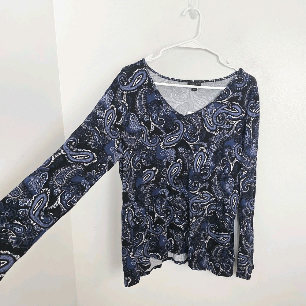 J. Jill Black Blue Paisley V Neck Stretch Long Sleeve Boho Shirt Size L Pet.